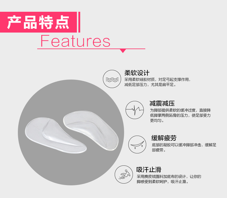 PU鞋墊，硅膠鞋墊驕正腳形、緩解疲功、減震減壓功能解說采用柔軟硅膠材質(zhì)，對足弓起支撐作用，減低足底壓力，特別是扁平足。